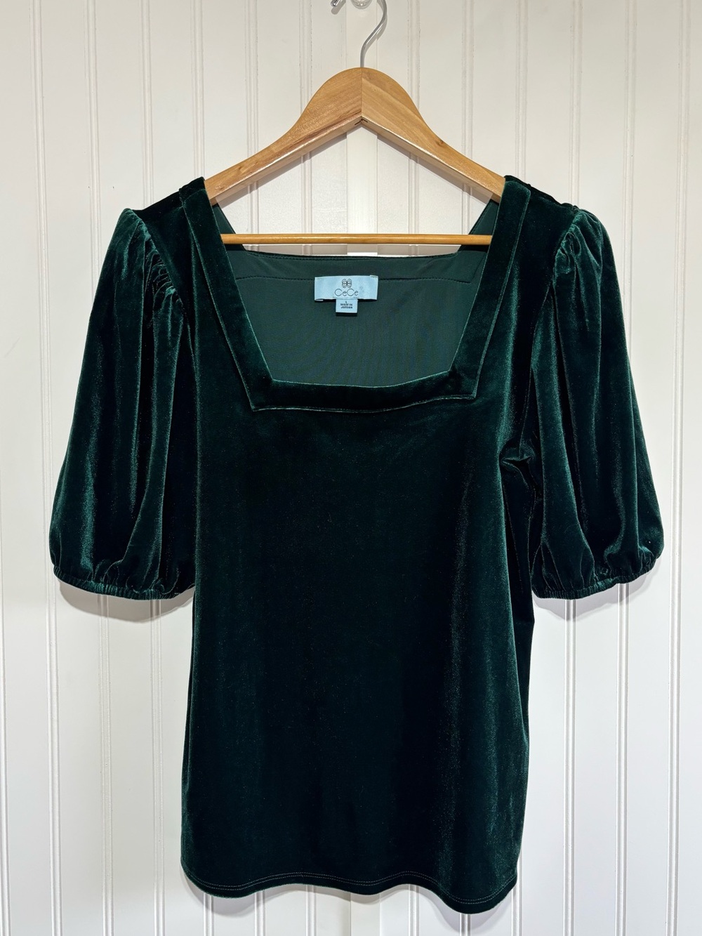 CeCe Green Velvet Square Neck Puff Sleeve Top Size Large